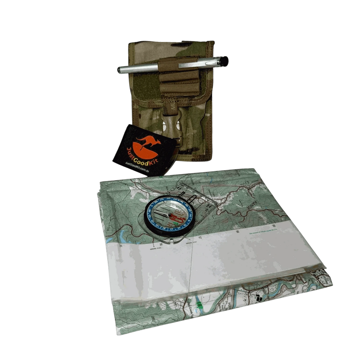Pen pouch with MOLLE compatibility, map, compass, and pen displayed.