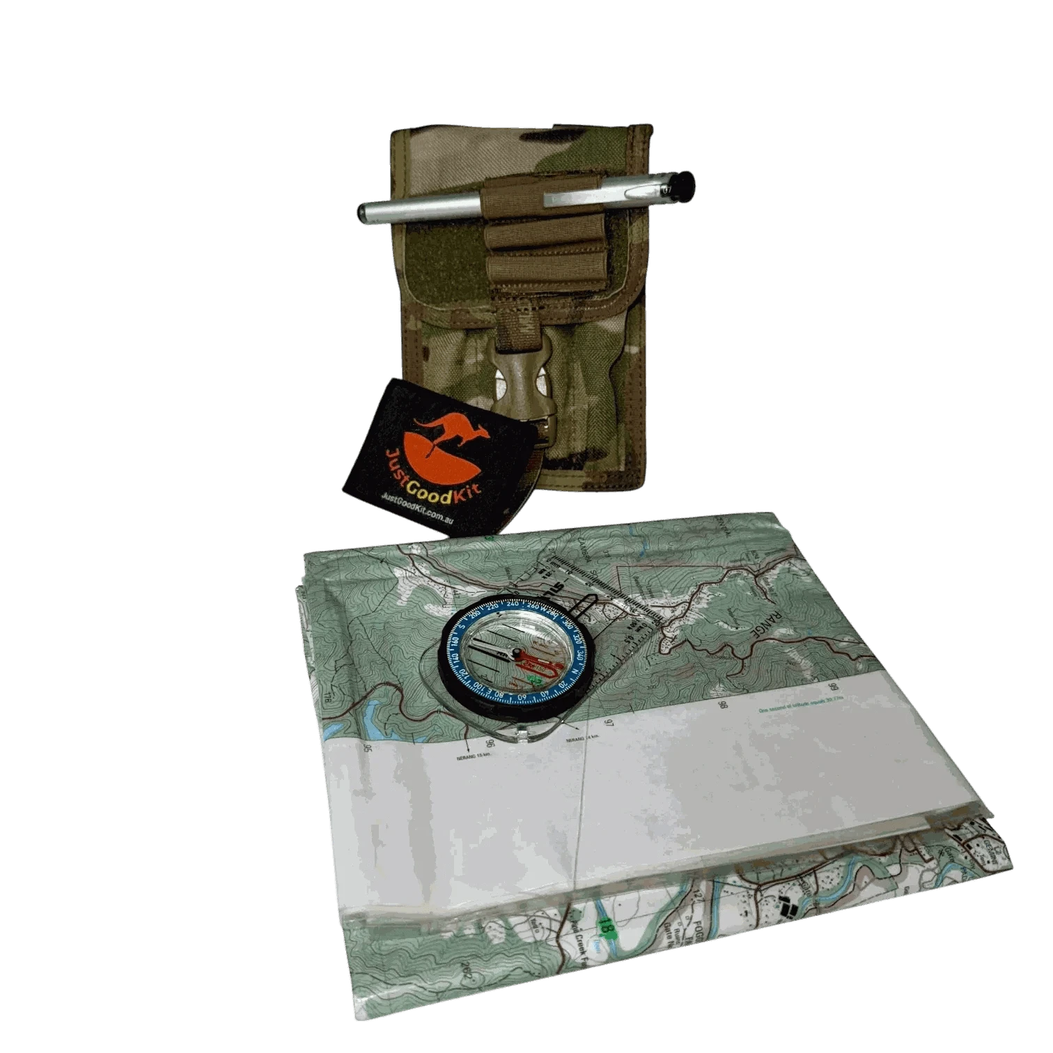 Pen pouch with MOLLE compatibility, map, compass, and pen displayed.