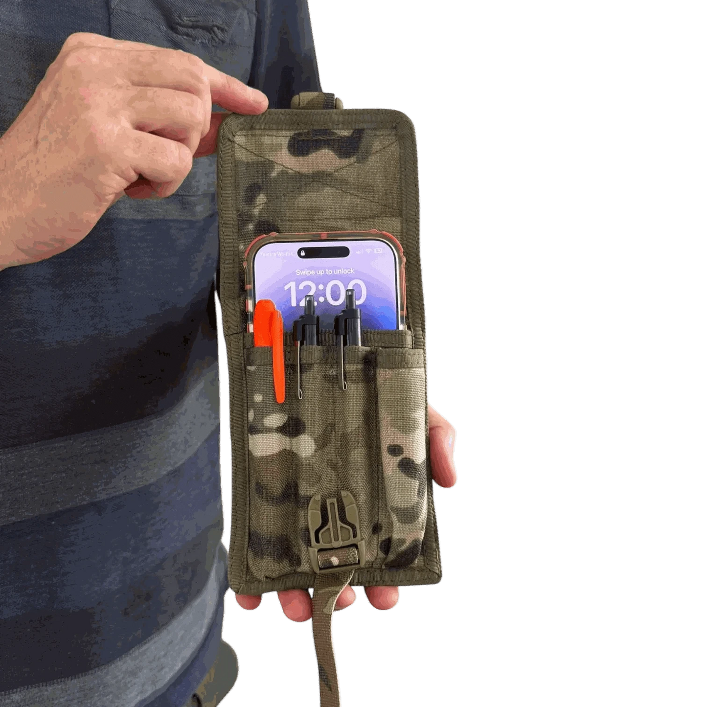 MOLLE compatible pen pouch holding phone and pens, camouflage design, outdoor use.