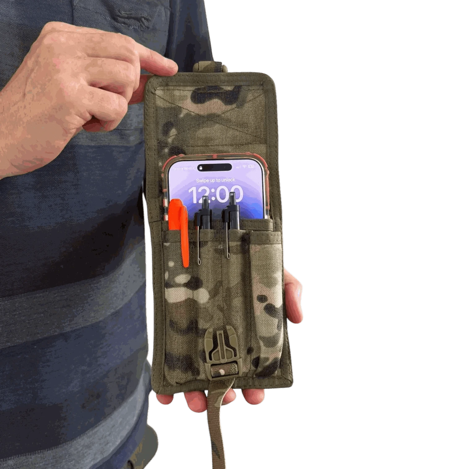 MOLLE compatible pen pouch holding phone and pens, camouflage design, outdoor use.