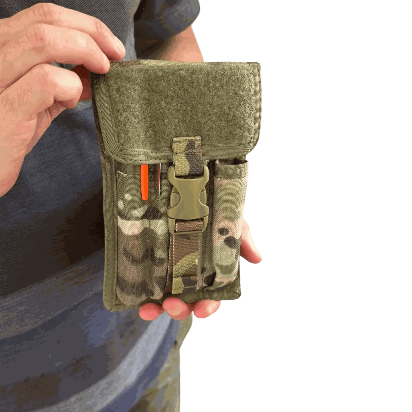 Pen pouch with MOLLE compatibility for tactical and outdoor use, waterproof and durable design, held in hand.