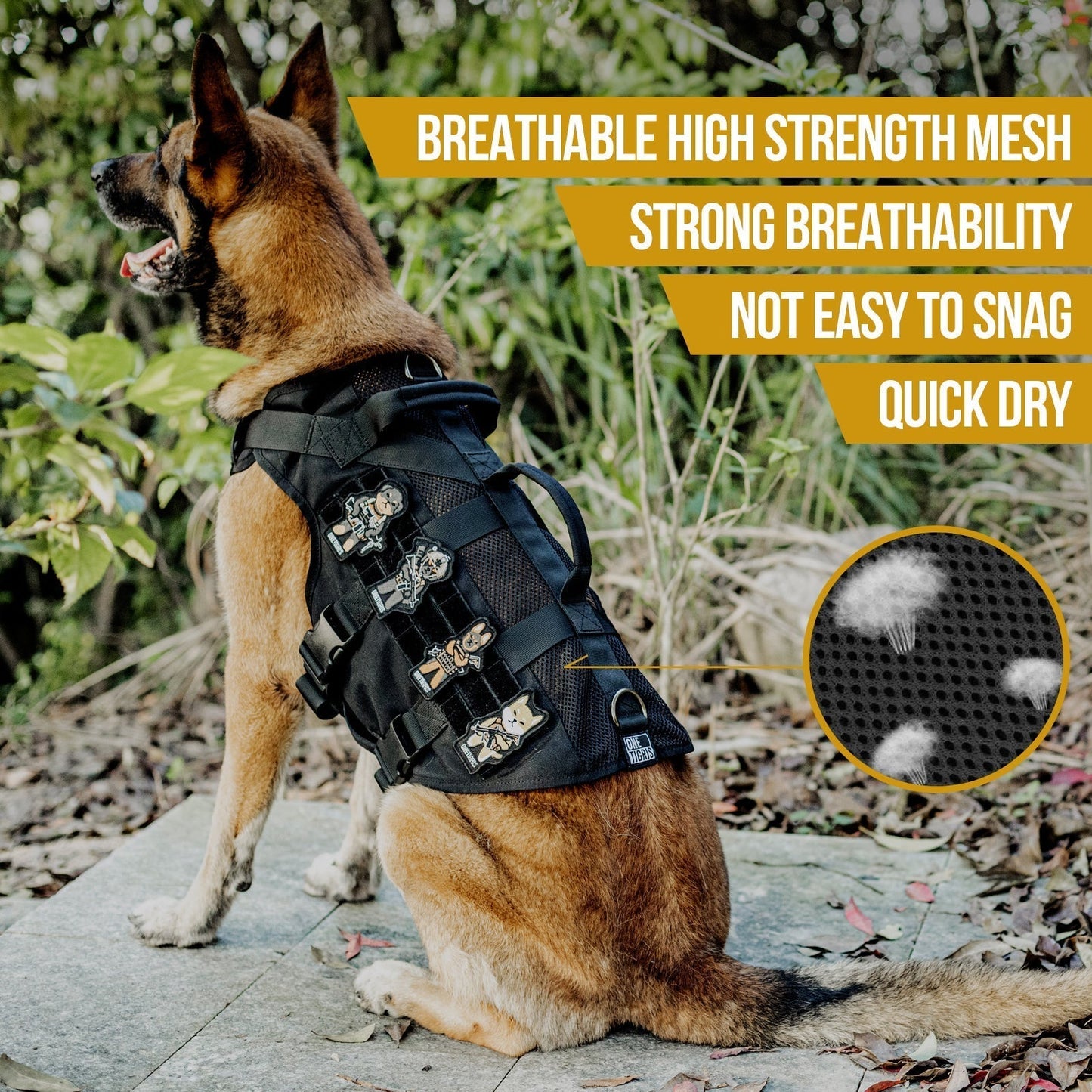 Dog wearing ONETIGRIS AIRE Mesh Harness for tactical, training, and outdoor use; durable, breathable, quick-dry fabric with MOLLE panels.