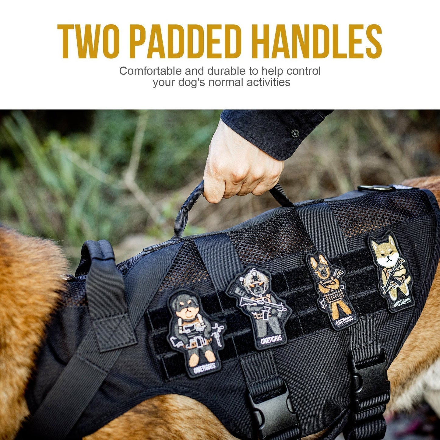ONETIGRIS AIRE Mesh Harness with two padded handles, MOLLE panels, and tactical patches for dogs.