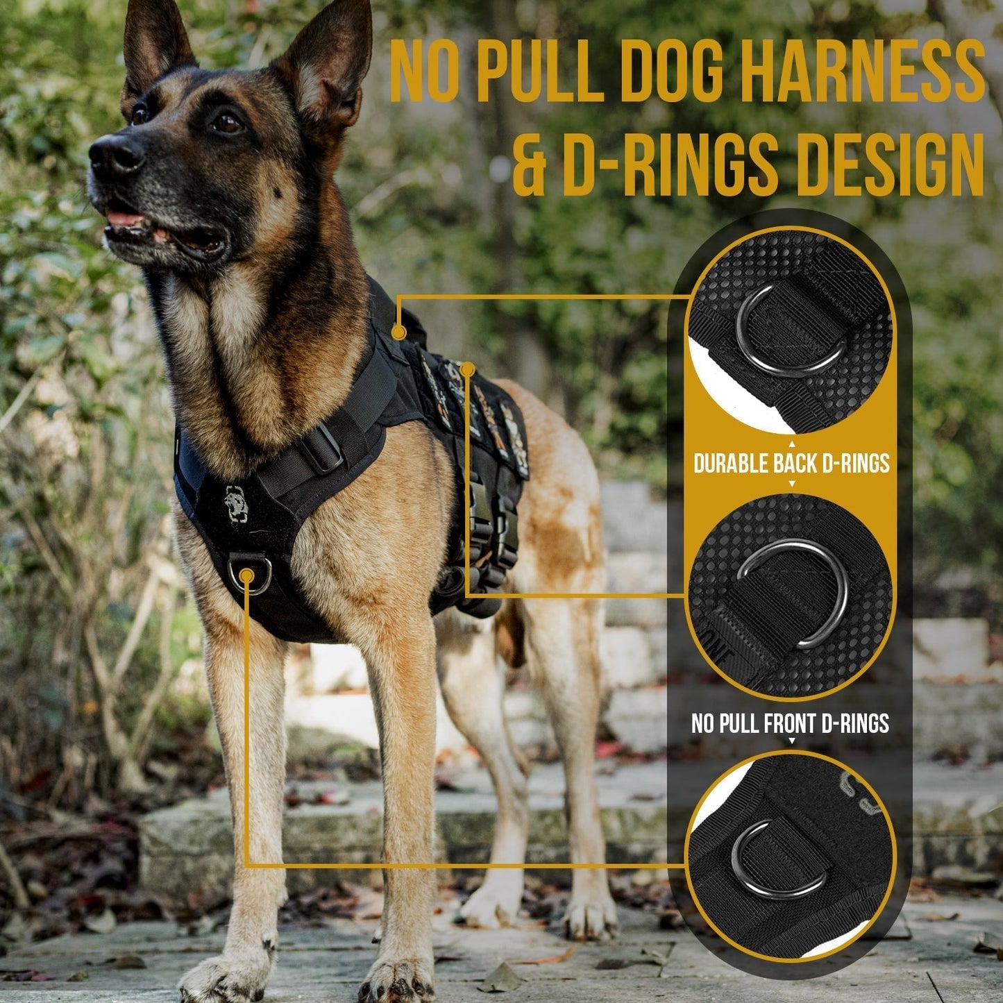 ONETIGRIS AIRE Mesh Dog Harness on large dog outdoors, featuring D-rings and no-pull design for tactical use and training.