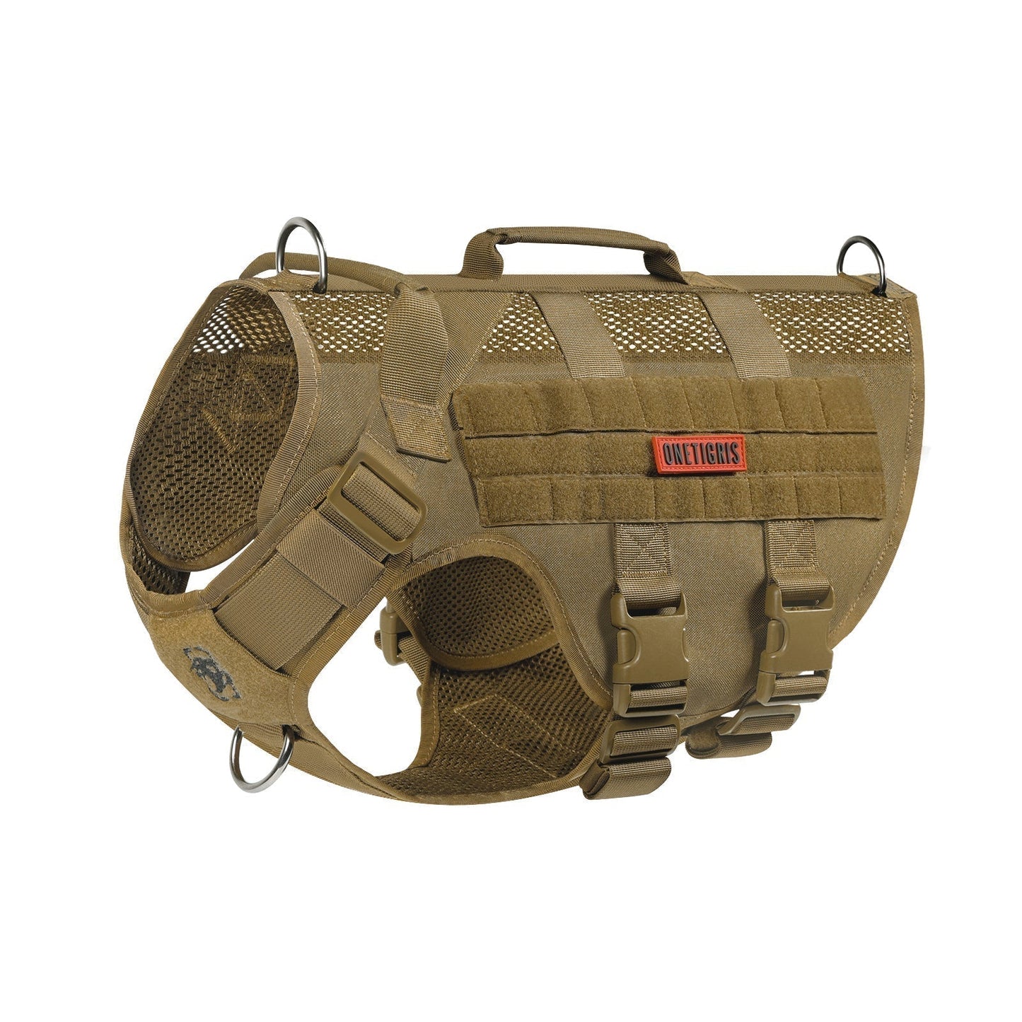 Tactical ONETIGRIS AIRE Mesh Harness for dogs, featuring durable 1000D nylon, breathable mesh, adjustable handles, and MOLLE panels. Ideal for outdoor adventures.