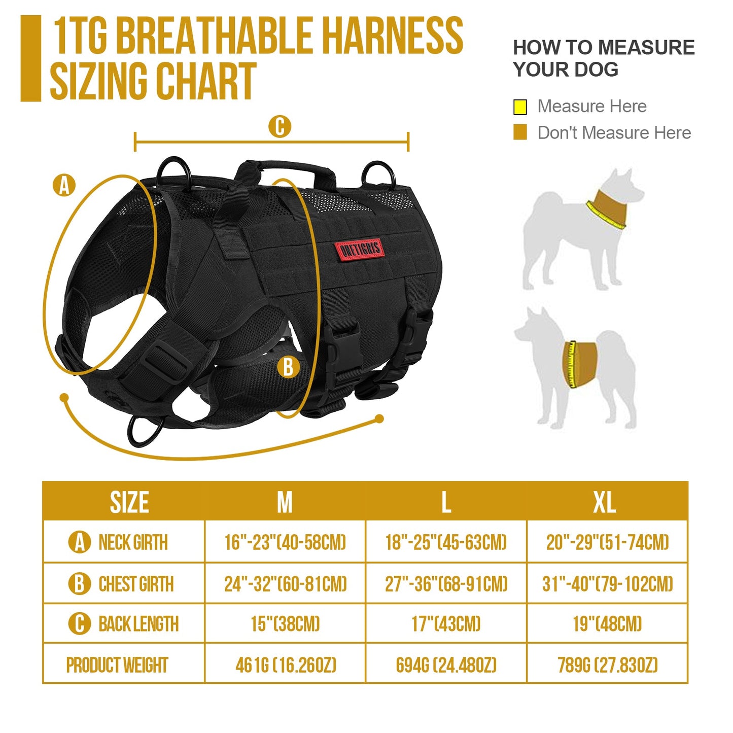 ONETIGRIS AIRE Mesh Harness sizing guide for medium to large dogs, showcasing tactical style and breathable materials.