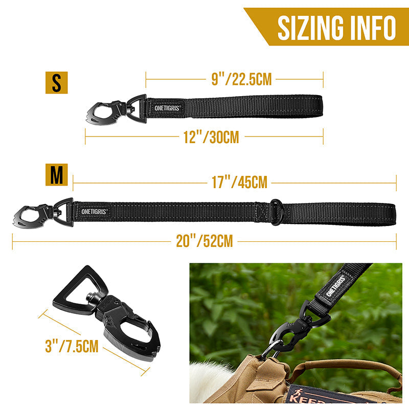 ONETIGRIS BOLT Dog Leash sizing info for small and medium sizes with zinc alloy clip and reflective nylon strap.