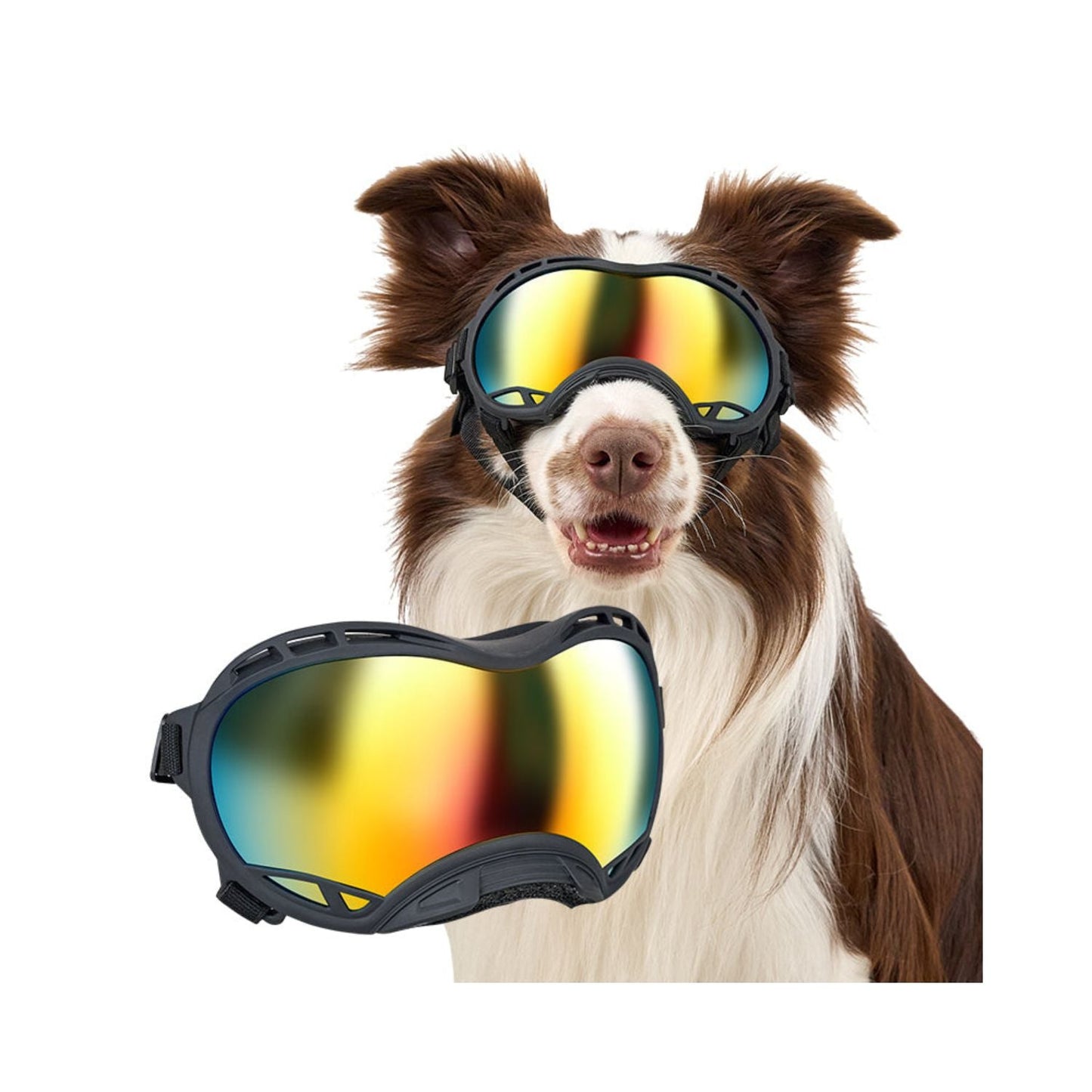 Dog wearing ONETIGRIS Dog Goggles with reflective lenses, showcasing UV protection and durable design for outdoor adventures.