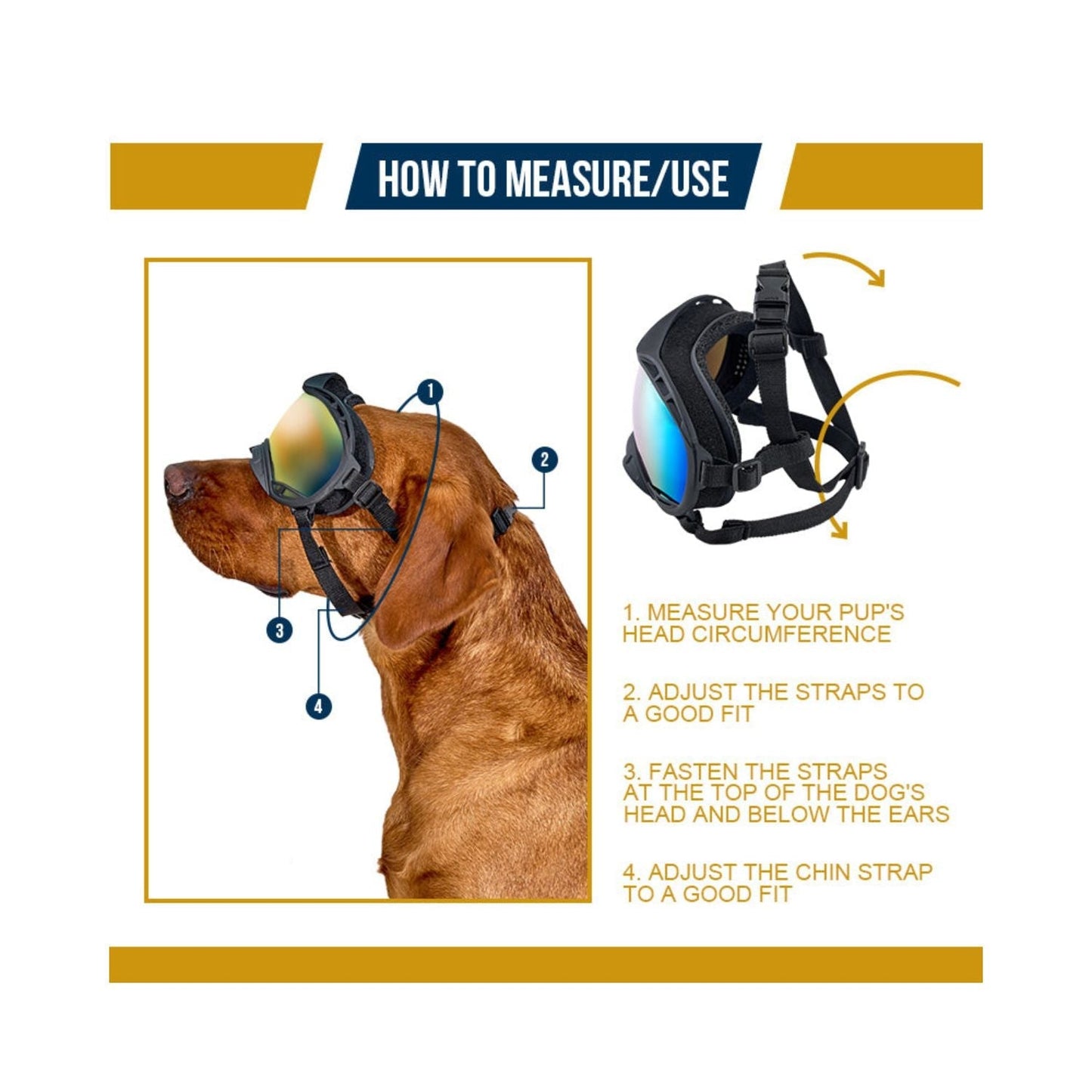 Dog wearing ONETIGRIS dog goggles with adjustable straps, illustrating how to measure and fit.