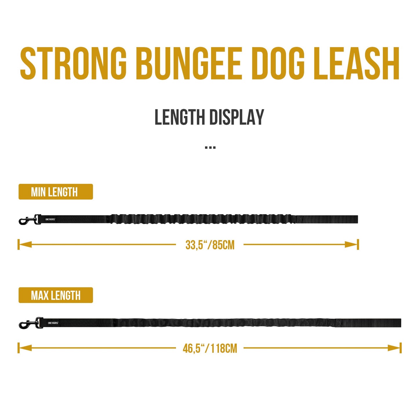 Strong bungee dog leash with length display, minimum 33.5 inches (85cm) and maximum 46.5 inches (118cm).