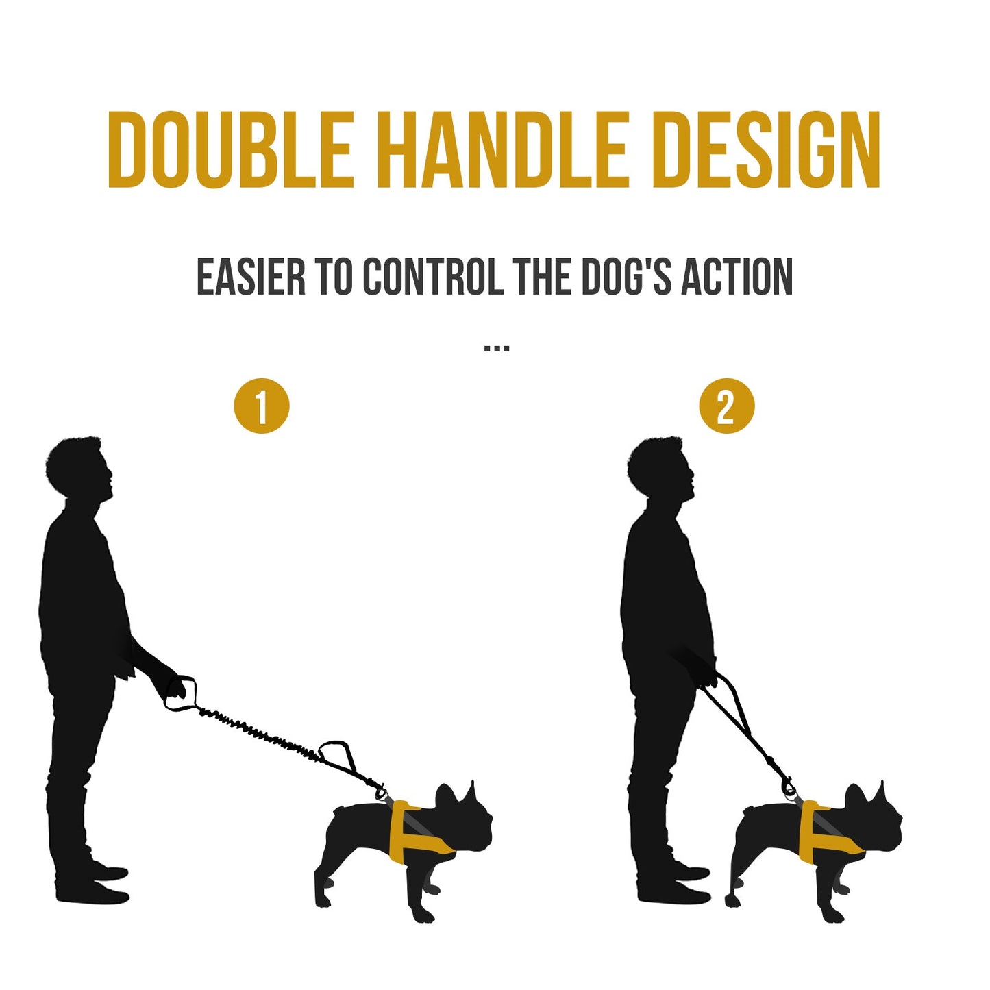 Double handle design for better dog control, featuring silhouette illustrations of two handlers demonstrating usage.