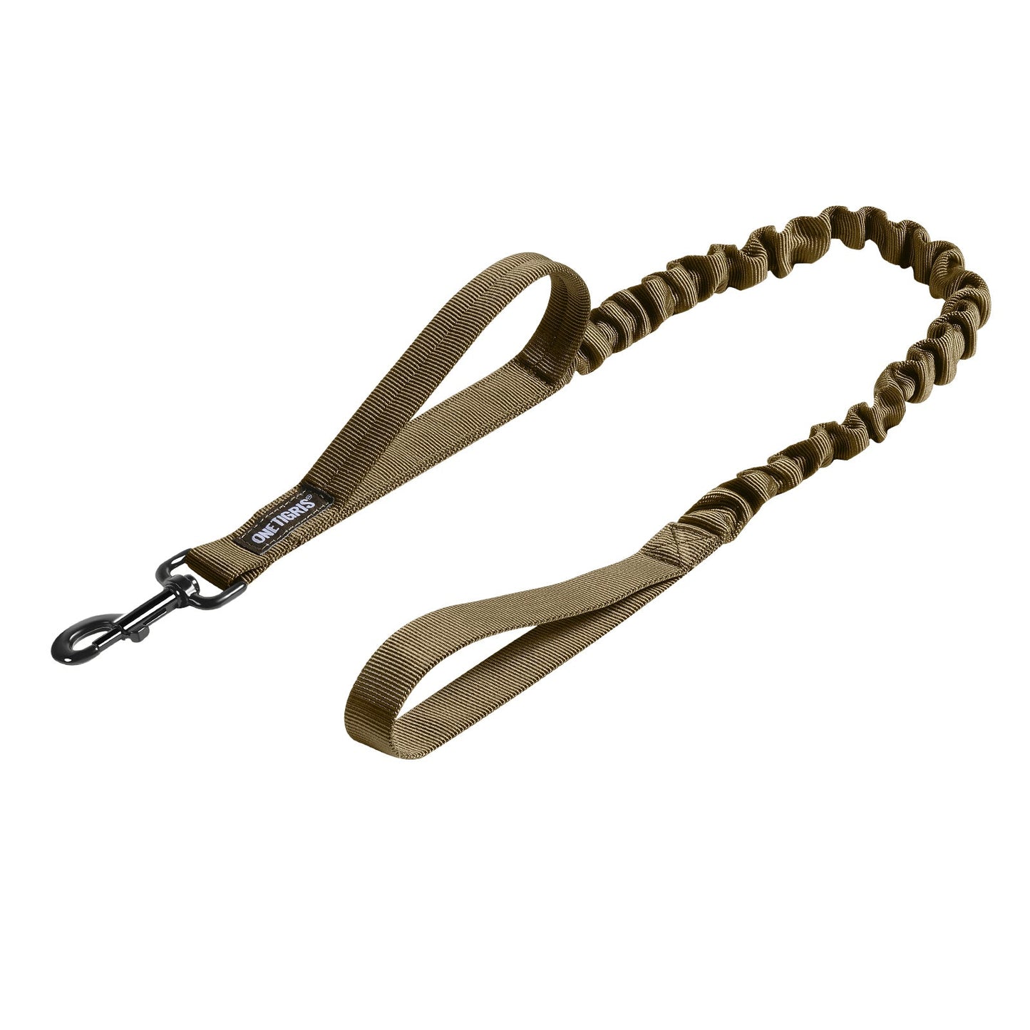 ONETIGRIS Tactical Dog Leash with bungee design in brown, featuring durable 1000D Nylon and a specialized metal clip for medium to large dogs.