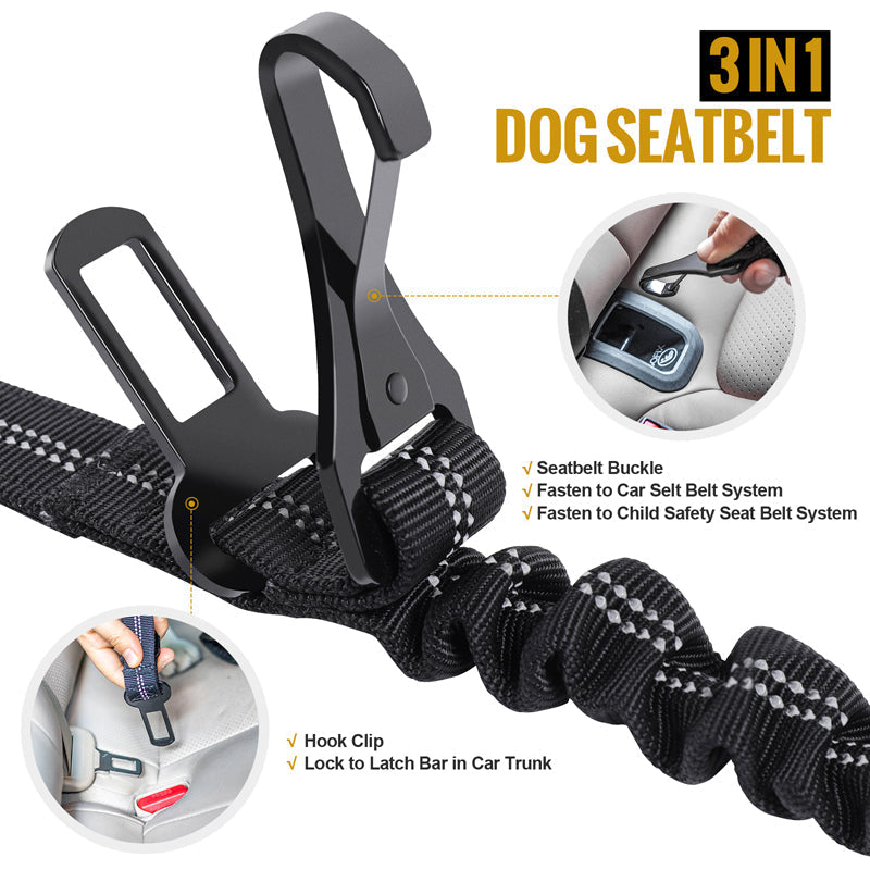 Multi-functional ONETIGRIS Dog Leash 17 with 3-in-1 dog seatbelt, durable nylon, dual handles, bungee section, and reflective threading for safety and comfort.