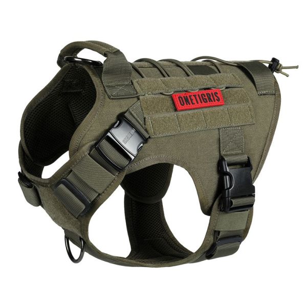 Durable ONETIGRIS FIRE WATCHER Dog Harness 2.0 with metal buckles and MOLLE compatibility for outdoor adventures and training.