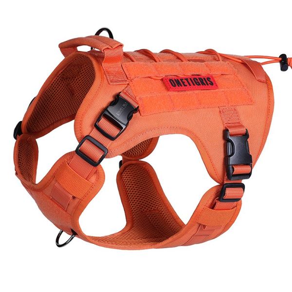 Orange ONETIGRIS FIRE WATCHER 2.0 dog harness with metal buckles, ergonomic design, MOLLE compatibility, and reinforced stitching for durability and outdoor adventures.