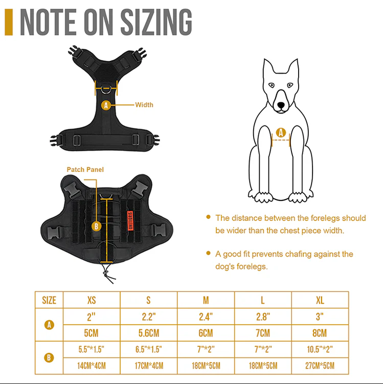 Sizing guide for ONTIGRIS FIRE WATCHER 2.0 Dog Harness, showing measurements for widths and patch panels across XS to XL sizes for optimal fit.