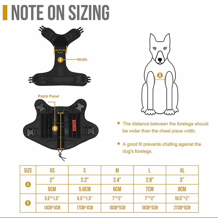 Dog harness sizing chart with diagram for ONETIGRIS FIRE WATCHER 2.0, featuring foreleg width recommendations and patch panel details.