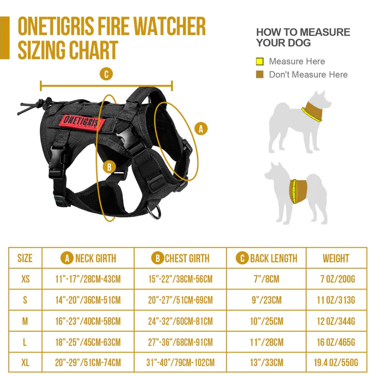 ONETIGRIS FIRE WATCHER 2.0 dog harness sizing chart, showing measurements for neck girth, chest girth, back length, and weight across XS to XL sizes with illustrations.
