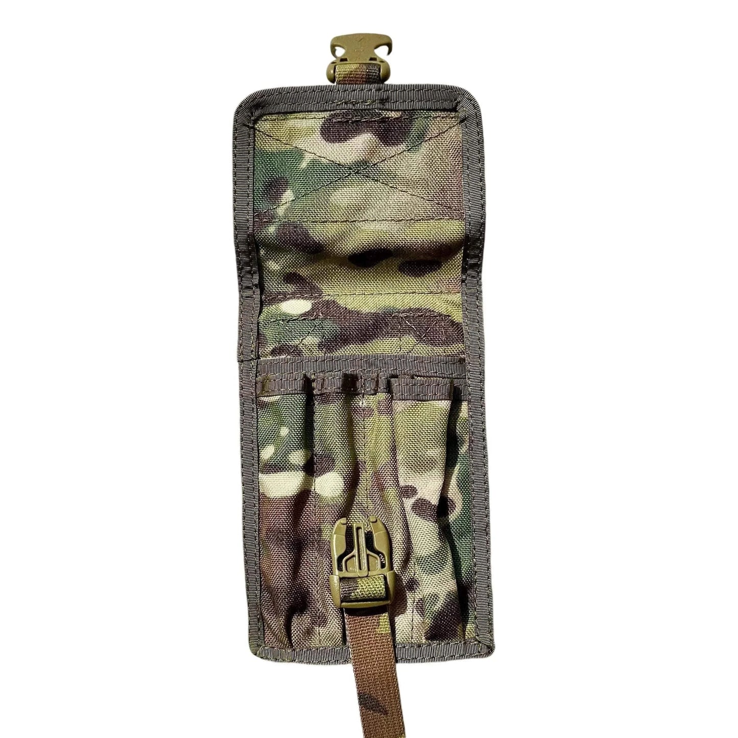 Tactical MOLLE-compatible pen pouch in camouflage, open with multiple compartments.