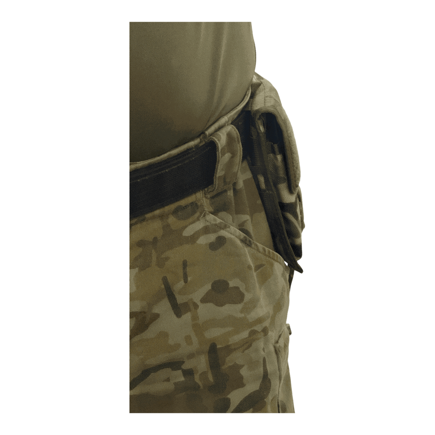 Pen pouch with MOLLE compatibility attached to camouflage pants, ideal for tactical use and secure storage.