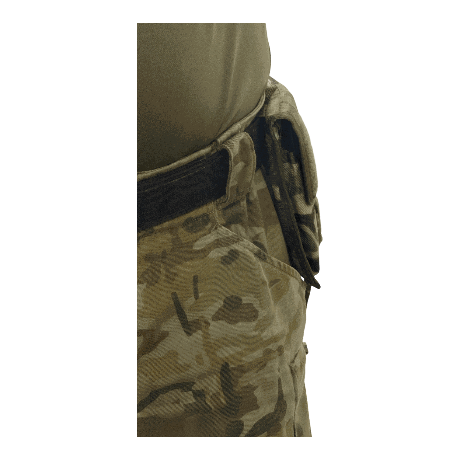 Pen pouch with MOLLE compatibility attached to camouflage pants, ideal for tactical use and secure storage.
