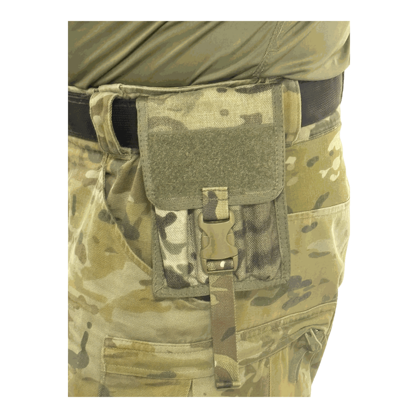 Pen Pouch with MOLLE compatibility attached to camouflage pants.
