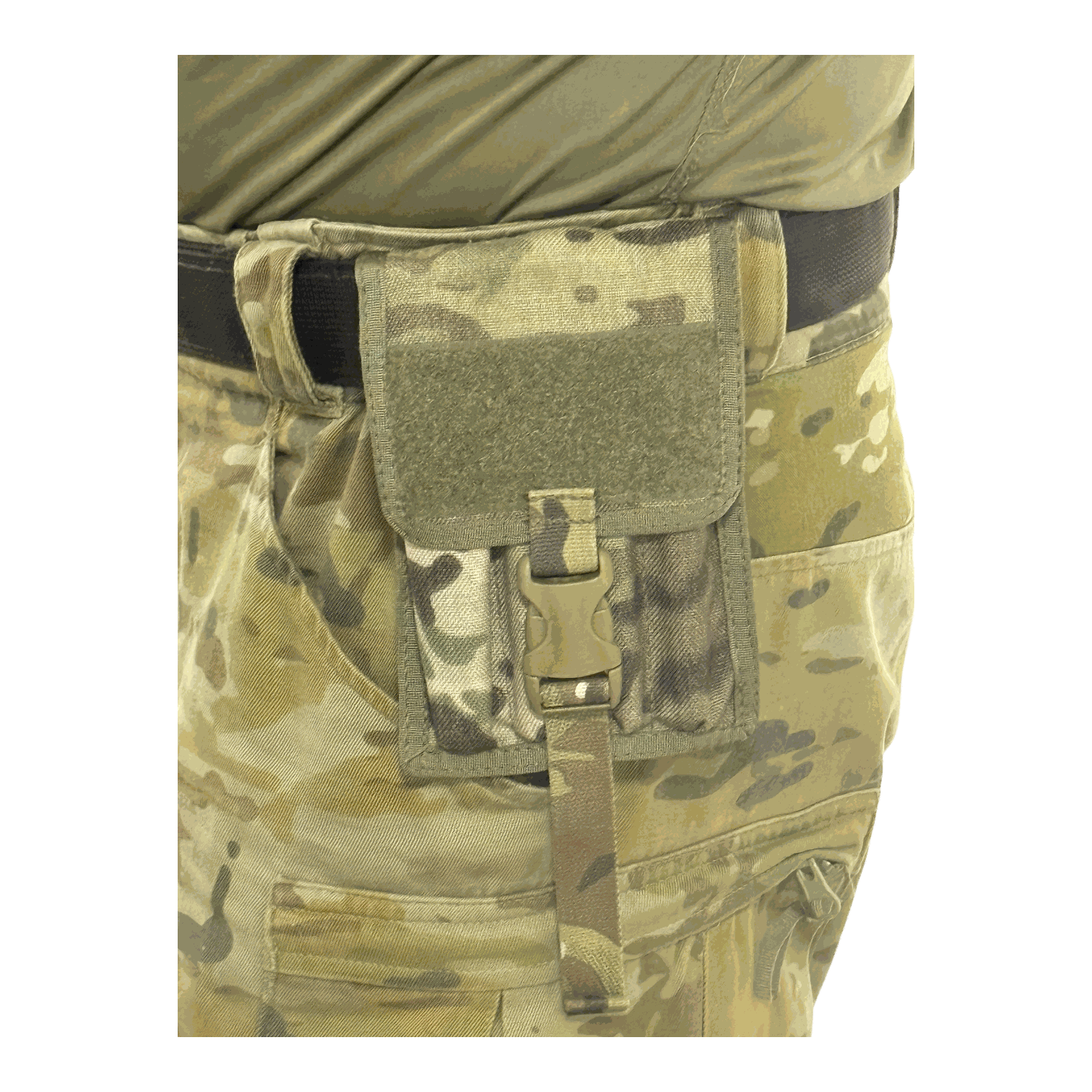 Pen Pouch with MOLLE compatibility attached to camouflage pants.