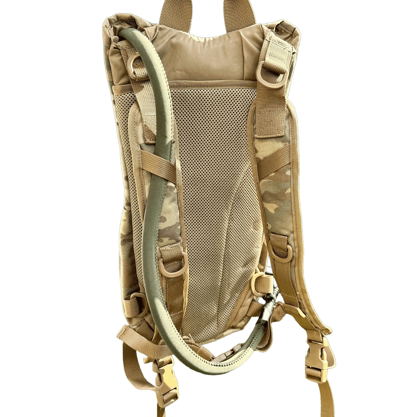 Hydration Backpack with durable multicam nylon, mesh back, and adjustable straps.