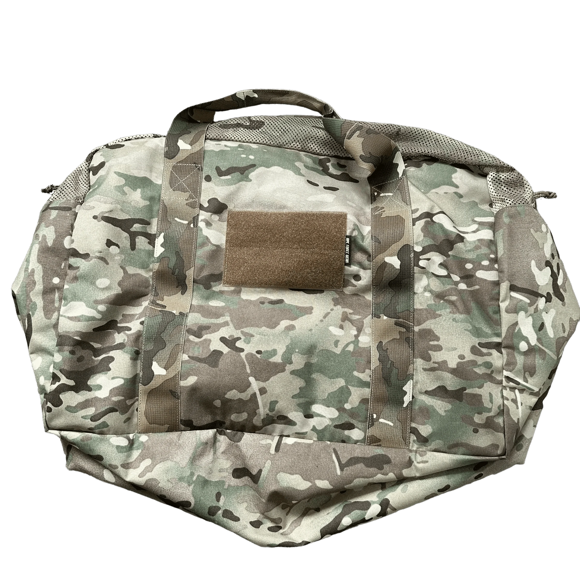 Tactical duffle bag with camouflage pattern, Velcro patch, and ventilated top.