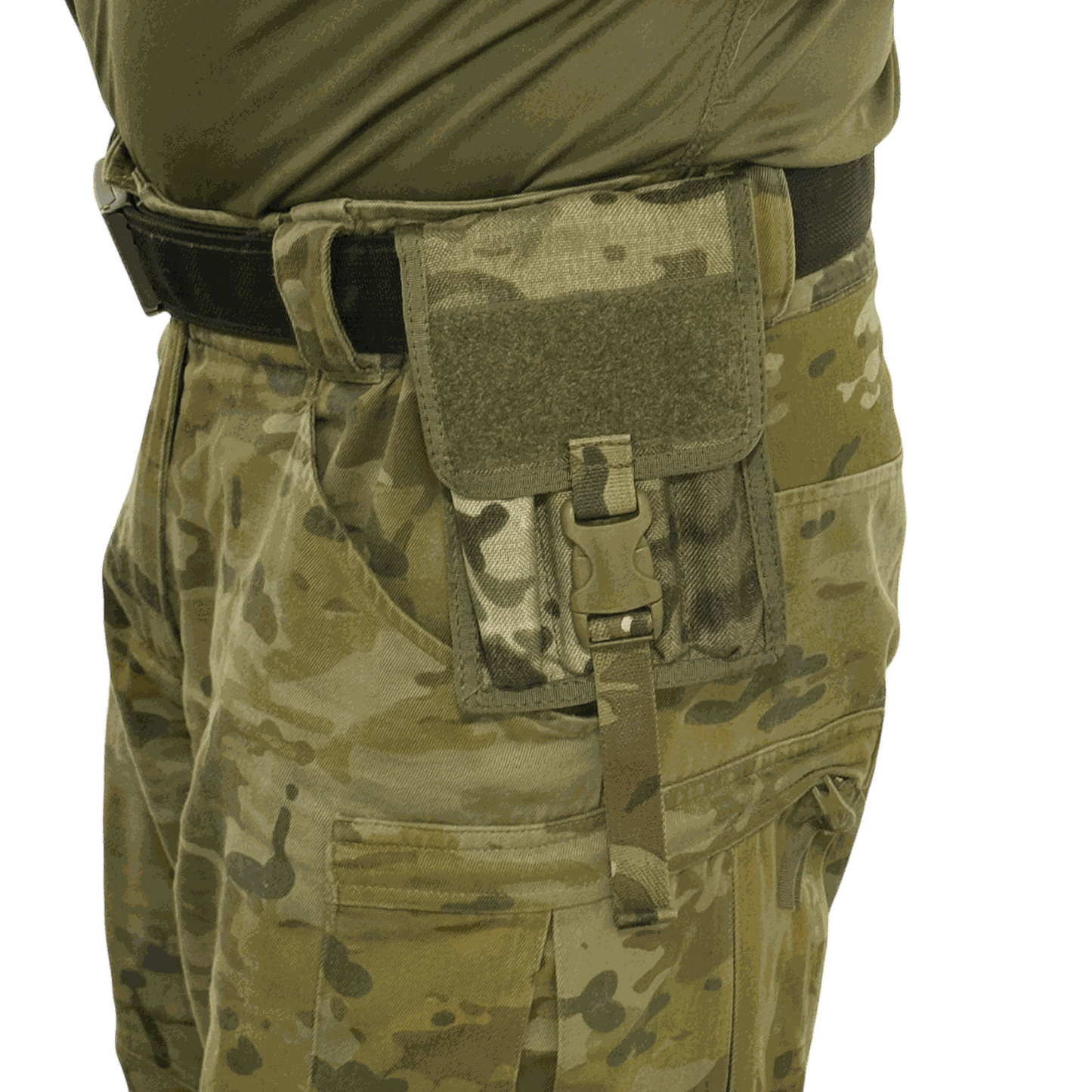 Pen pouch with MOLLE compatibility attached to tactical pants, showcasing its durability and secure fit.