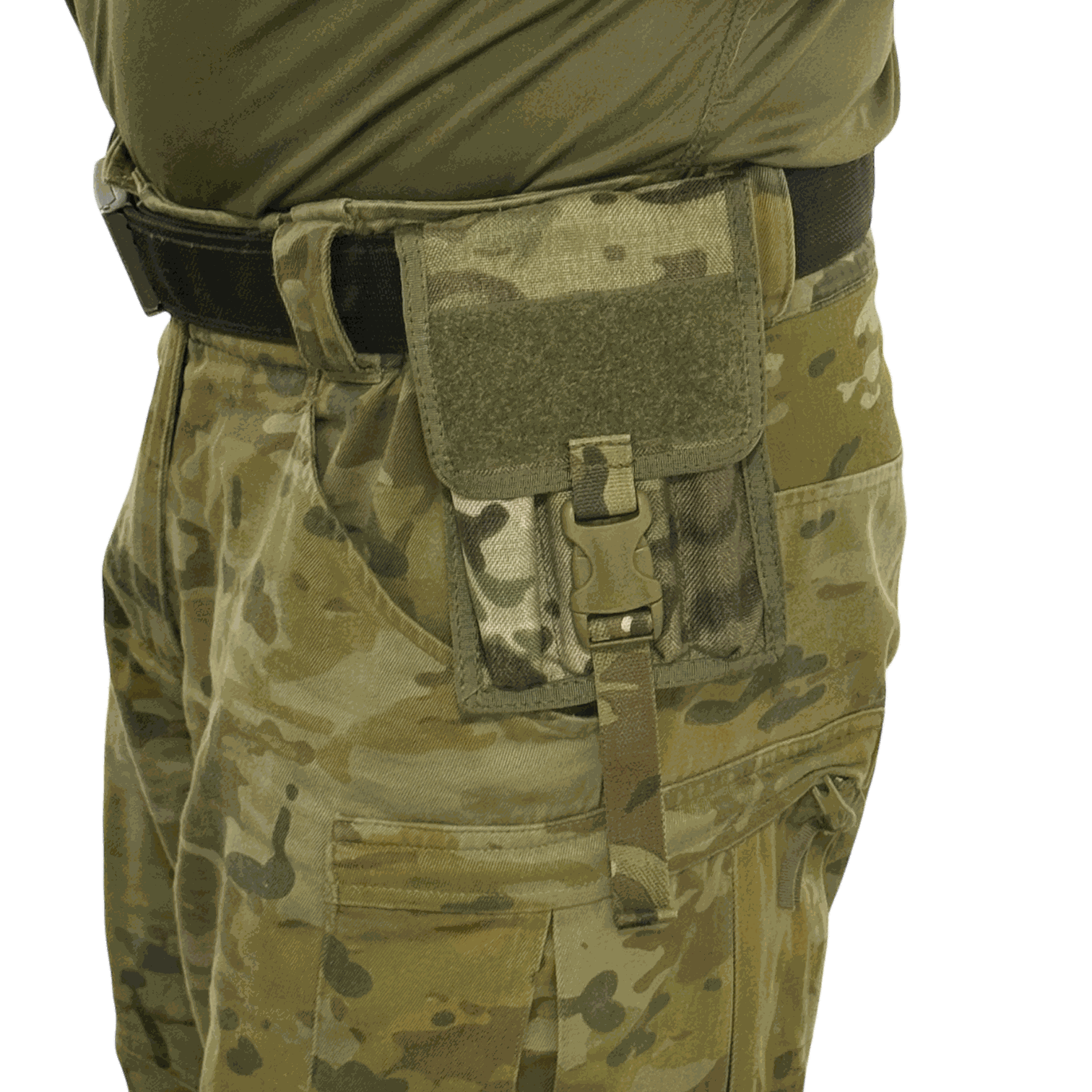 Pen pouch with MOLLE compatibility attached to tactical pants, showcasing its durability and secure fit.