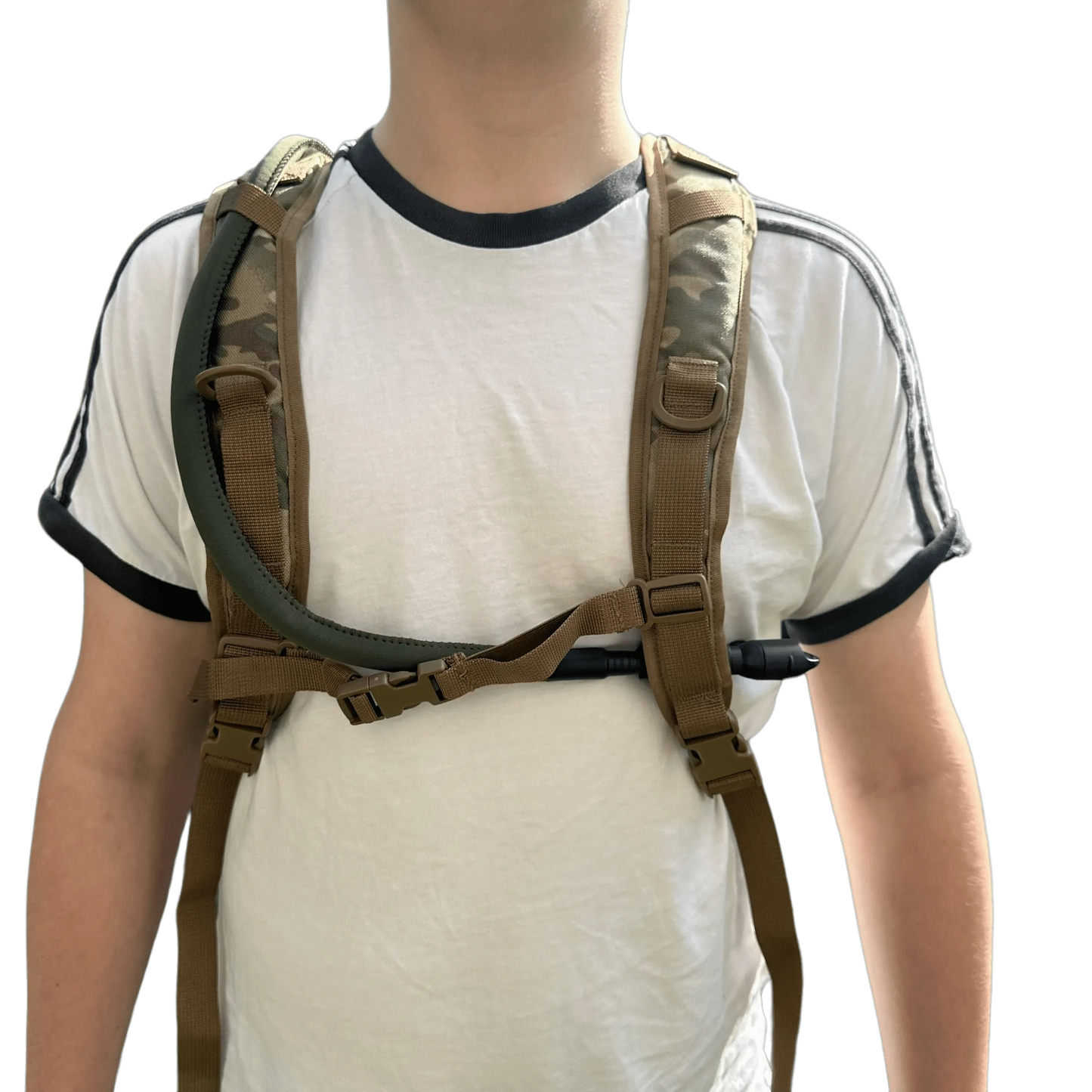 Hydration backpack worn by person, showcasing chest strap and durable design.