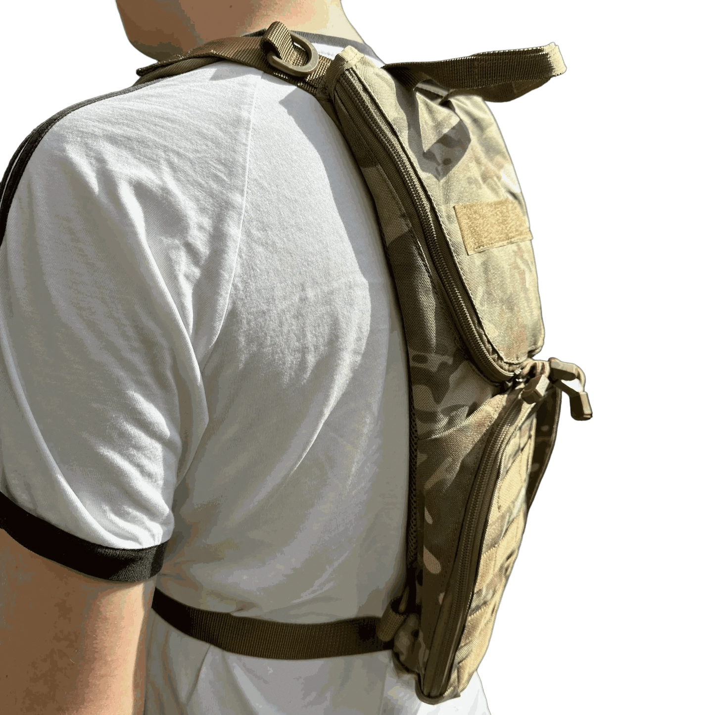 Multicam hydration backpack worn by person for outdoor adventures.