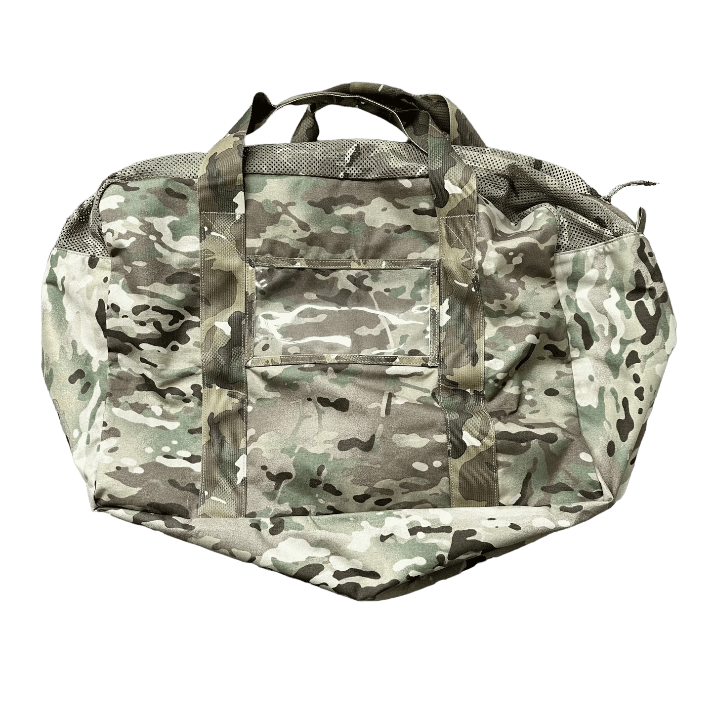Tactical Duffle Bag with camo pattern, ventilated top, and name window.
