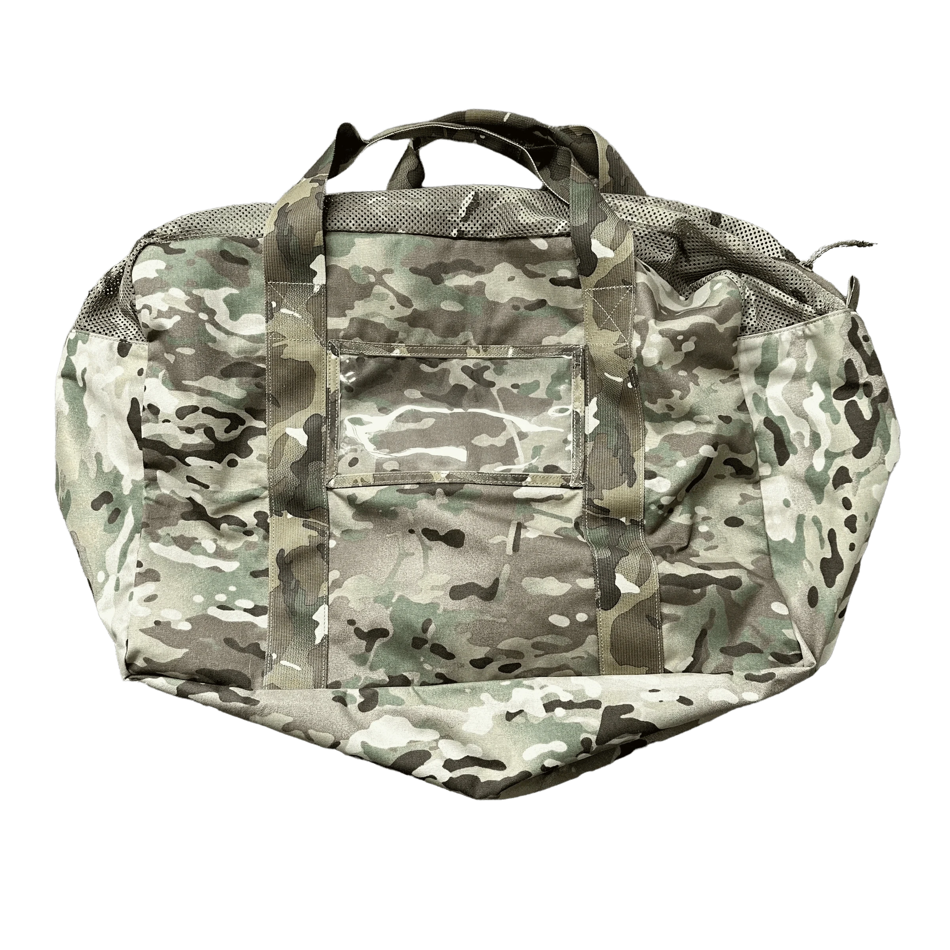 Tactical Duffle Bag with camo pattern, ventilated top, and name window.