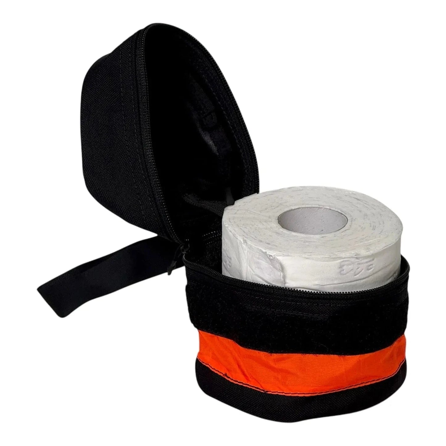 Portable toilet roll storage holder with reflective tape and wristband, ideal for outdoor use.