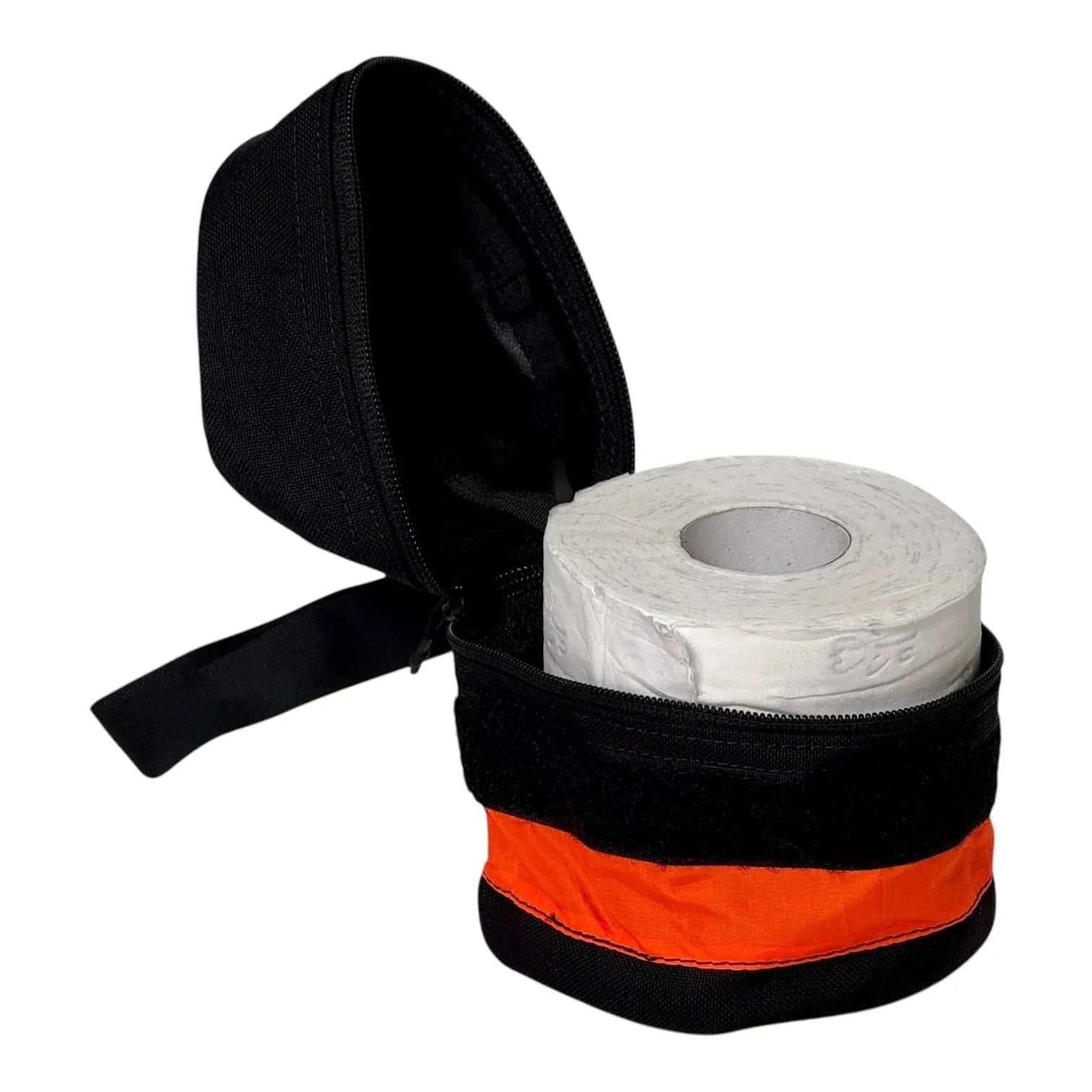 Portable toilet roll storage holder with reflective tape and wristband, ideal for outdoor use.