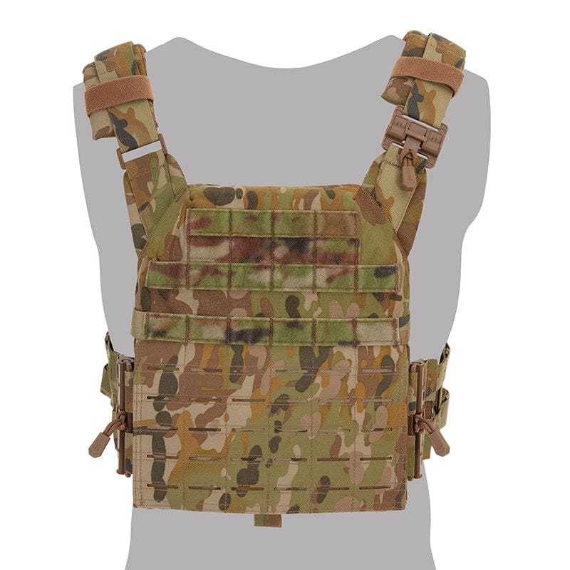 Valhalla Tac Plate Carrier front view in AU Multi-Terrain camo with MOLLE platform