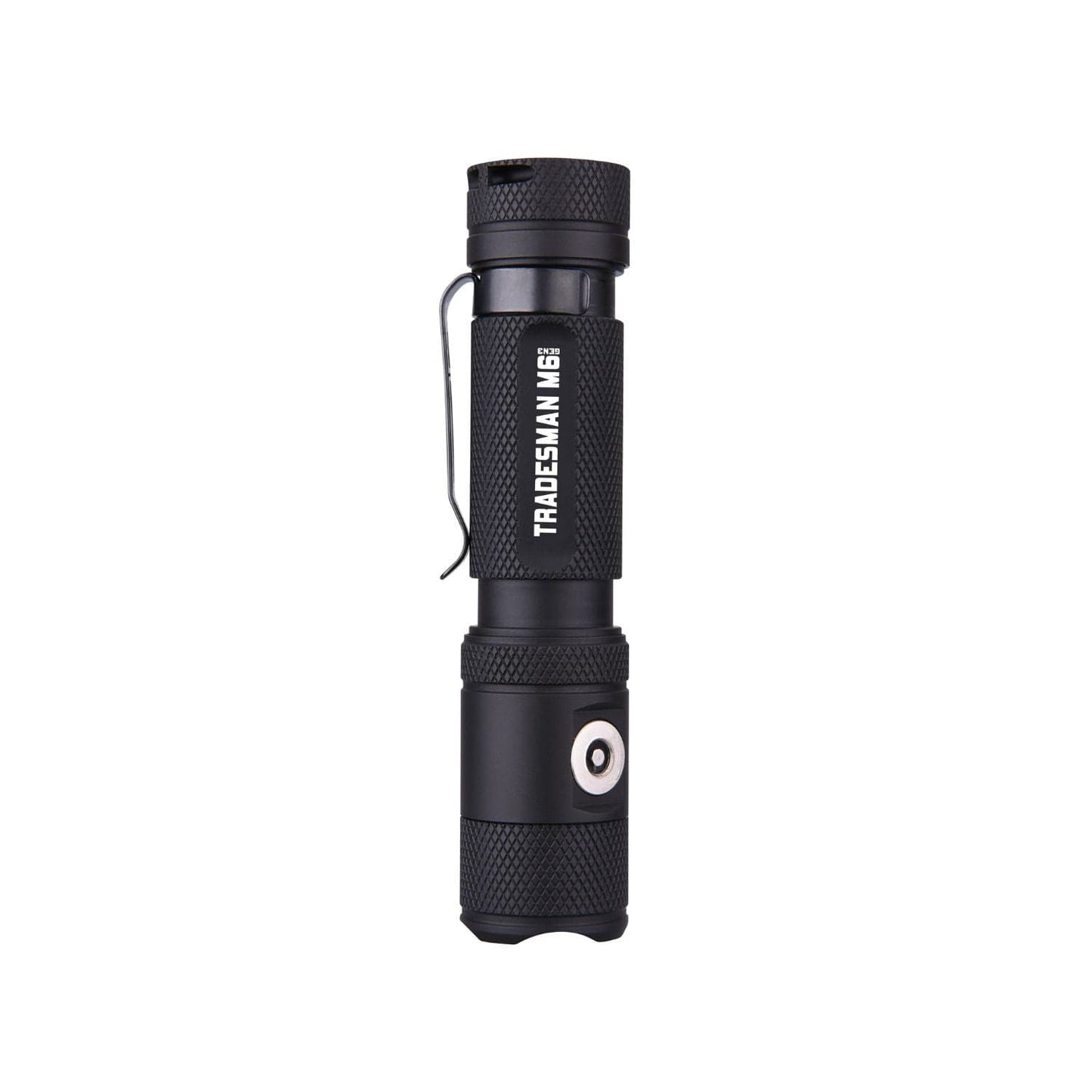 Powertac Tradesman M6-Gen3 flashlight with magnetic tail cap and pocket clip, designed for everyday carry.
