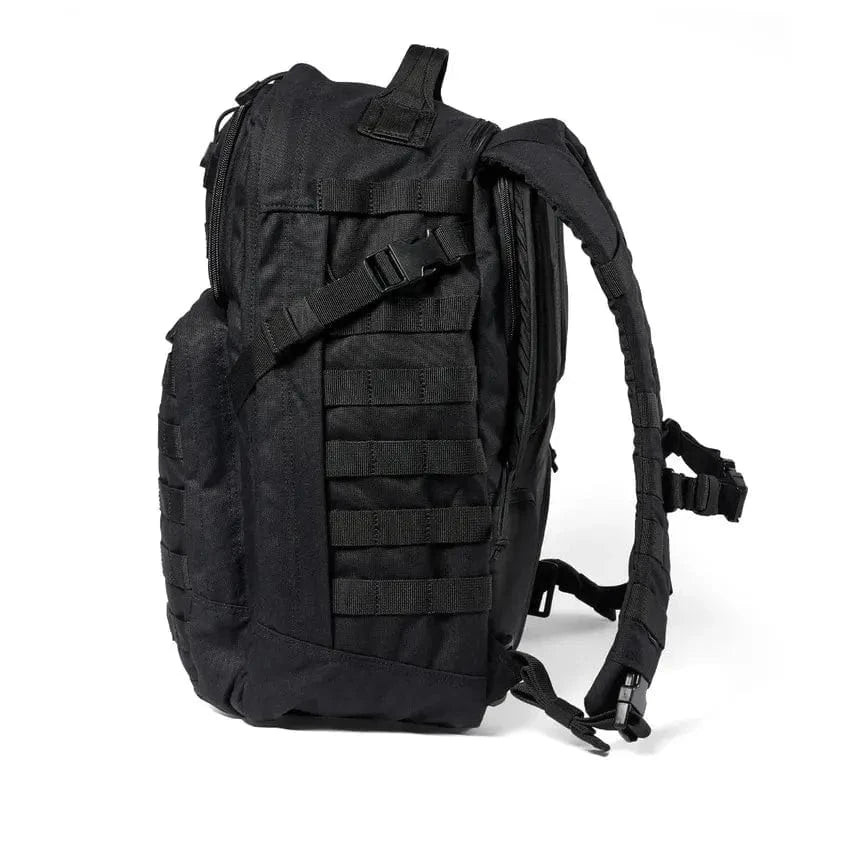 RUSH 24 2.0 Backpack in black displaying rugged design and MOLLE webbing for versatile adventure use.