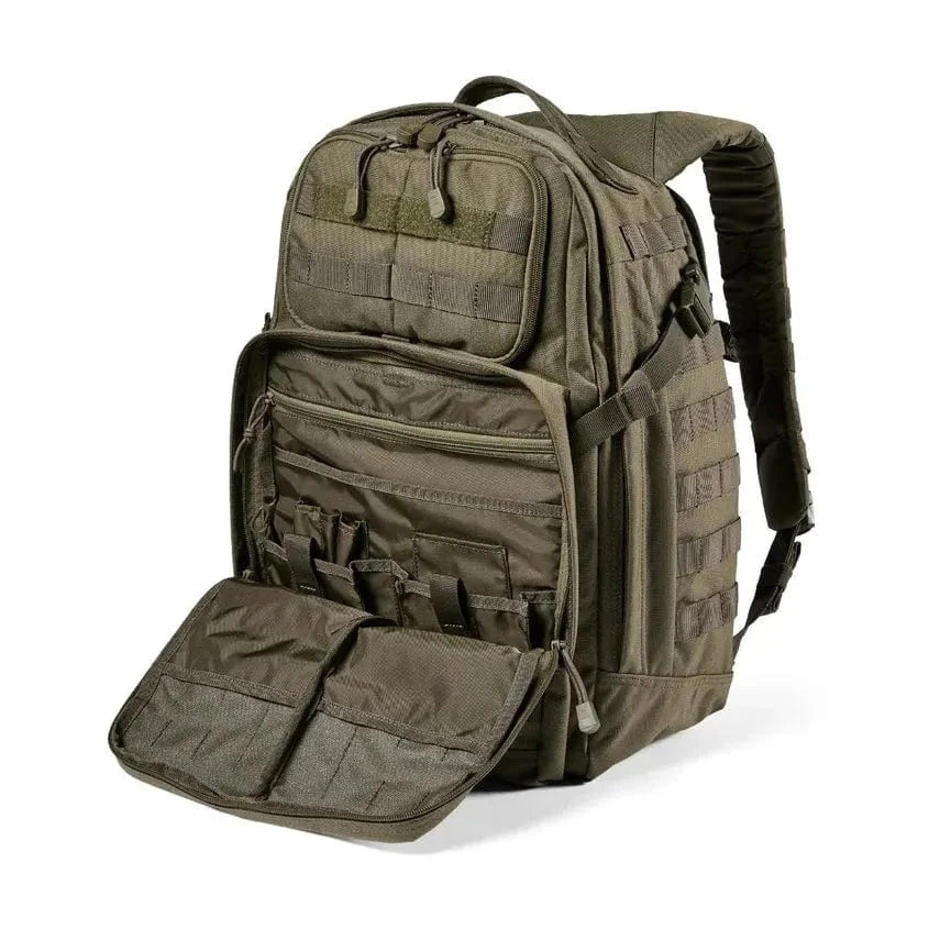 RUSH 24 2.0 Backpack with MOLLE webbing and multiple compartments for outdoor and urban use.
