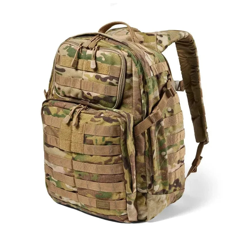 RUSH 24 2.0 Backpack in camouflage, featuring MOLLE webbing and multiple compartments for versatile and rugged use.