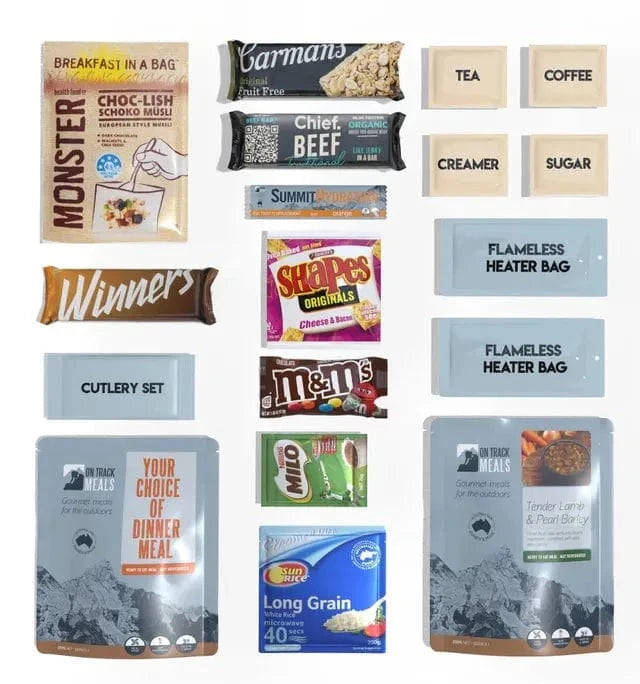 GoPack 24-hour food ration pack with meals, snacks, and flameless heater bags for camping.