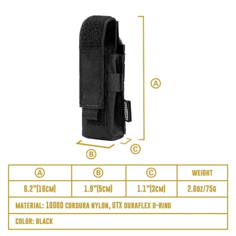 Flashlight pouch made from black 1000D Cordura nylon with MOLLE attachment and D-ring, dimensions 6.2x1.9x1.1 inches.