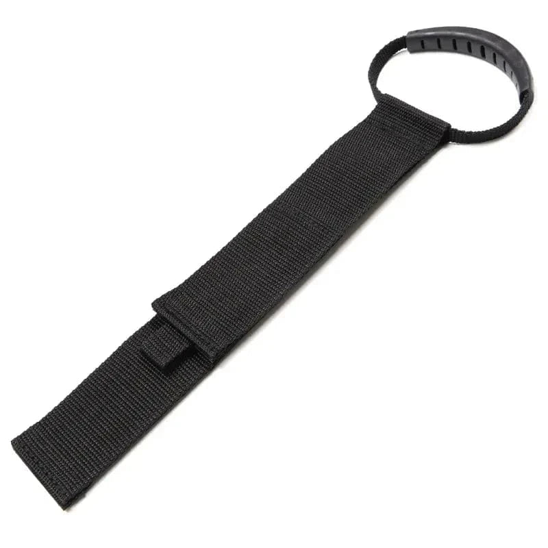 Electrical extension cord carry handle with rubber grip and Velcro strap for organizing cables.