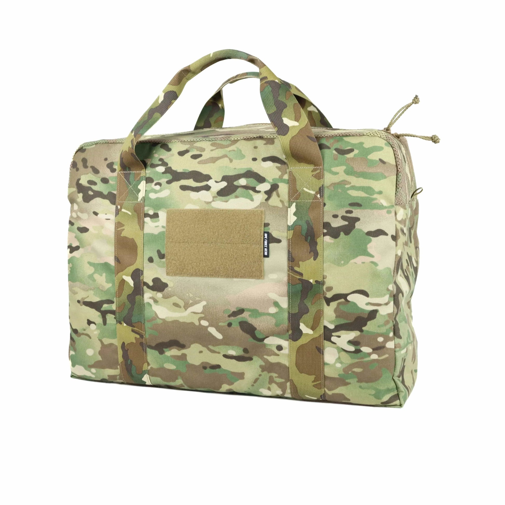 Tactical duffle bag in camouflage print with durable nylon, ventilated top, and Velcro patch panel.