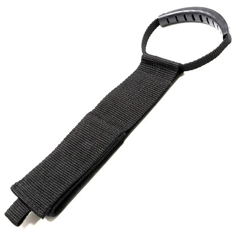 Electrical extension cord carry handle with rubber grip and Velcro strap for organizing cables.