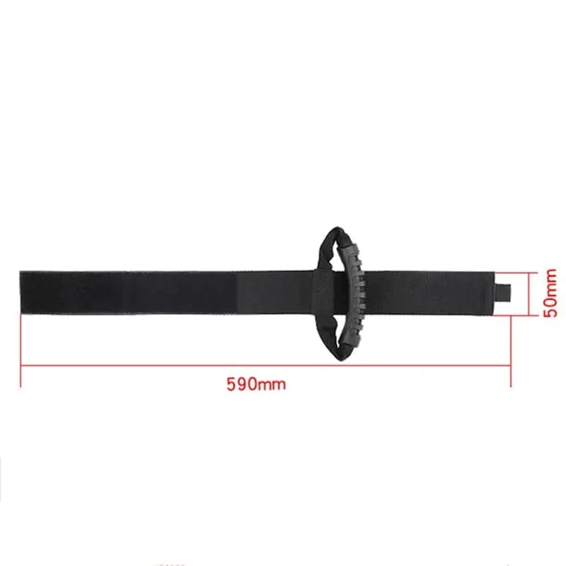 Electrical extension cord carry handle with 50mm wide nylon strap and rubber grip, 590mm length.