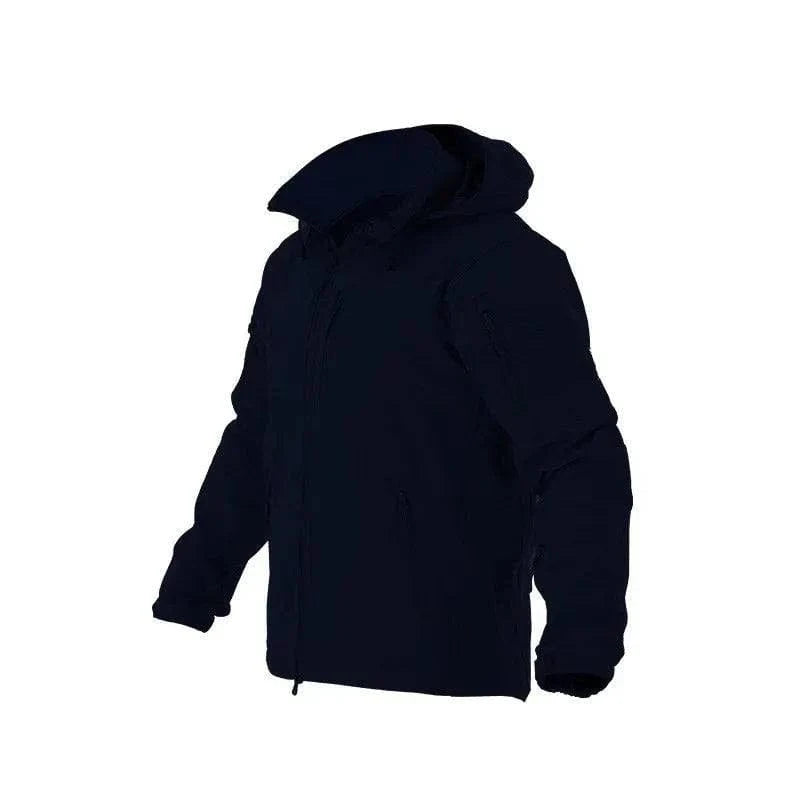 Tactical Softshell Jacket by Valhalla in a dark color, featuring a hood and water-resistant fabric.