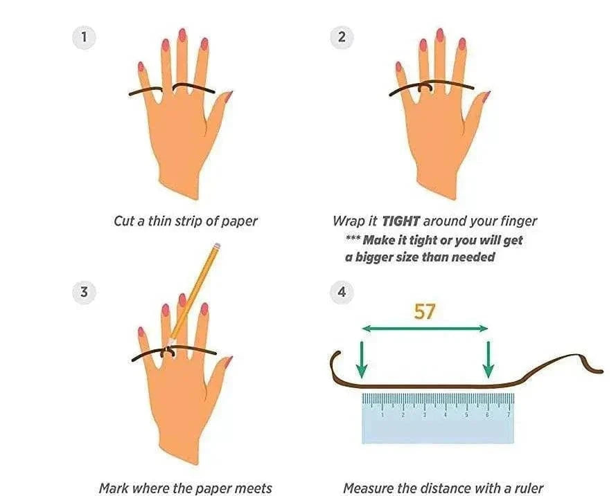 How to measure your ring size: cut paper strip, wrap around finger, mark, measure with ruler.